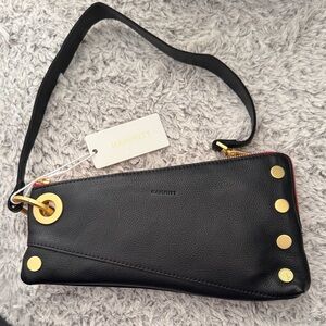 Hammitt Nash Pochette Black Clutch with Gold Accents Red Zipper NWT